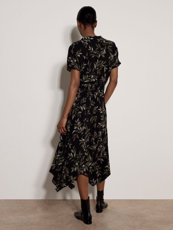 Leaf Print Shirt Midi Dress, Khaki, large
