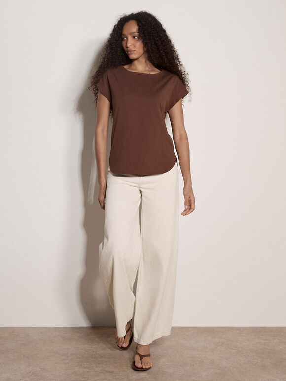 Turn-Up Sleeves Jersey T-Shirt, Brown, large