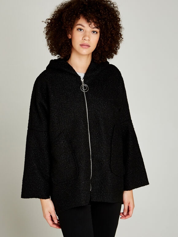Boucle Borg Zip Through Cape, Black, large