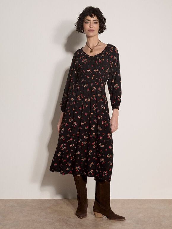 Floral Midi Dress, Black, large