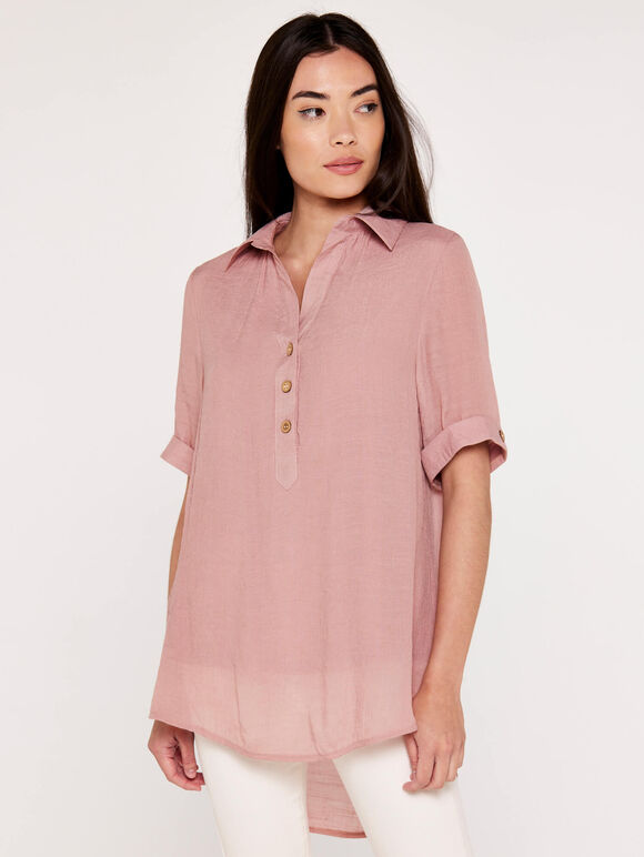 Slub Shimmer Turn Up Top, Pink, large