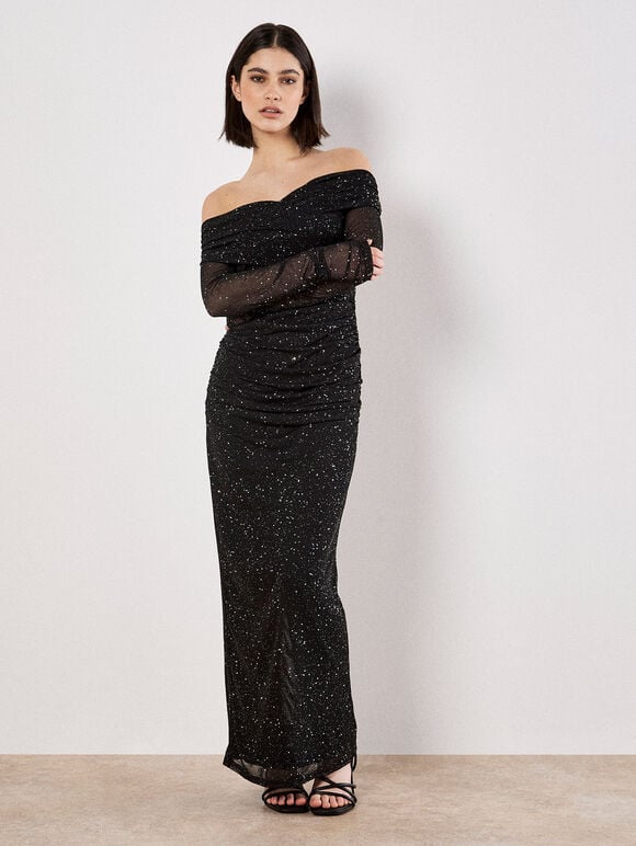 Sparkle Mesh Maxi Dress, Black, large