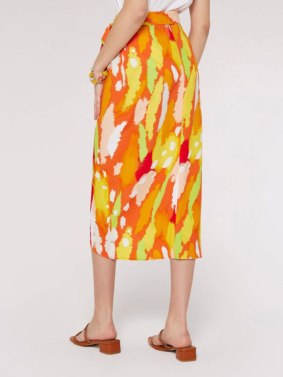 Printed  Wrap Midi Skirt, Orange, large