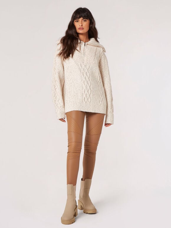 Chunky Cable Knit Zip Neck Jumper, Stone, large