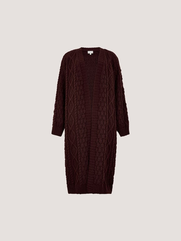 Chunky Cable Knit Longline Cardigan, Plum, large