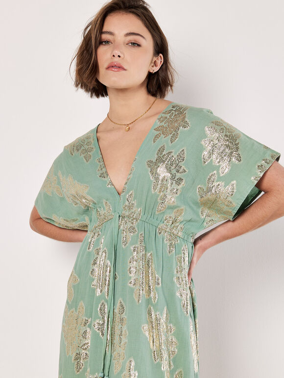 Gold Foil Floral Maxi Dress, Mint, large