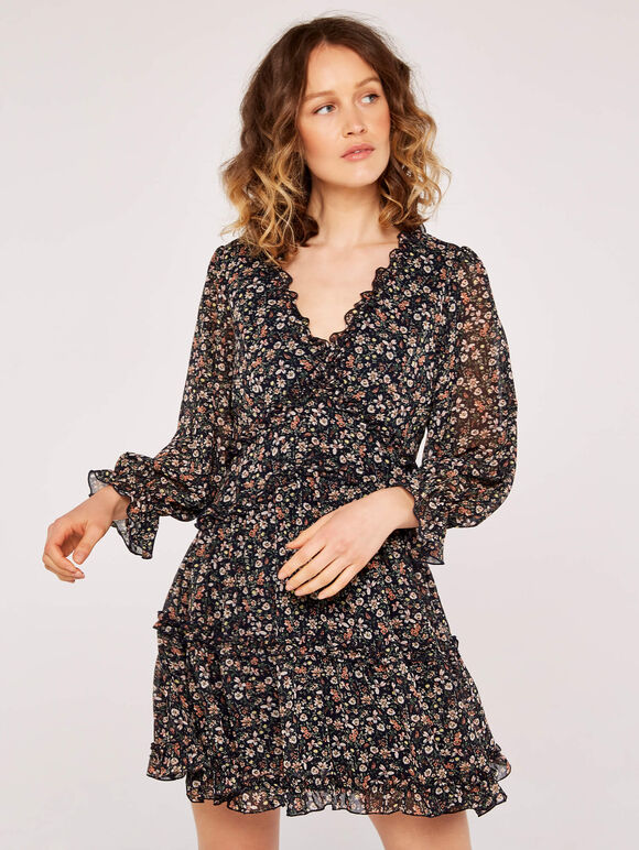 Floral Ruffle Tiered Dress, Navy, large