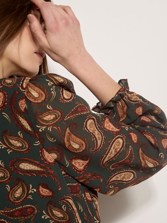 Chiffon Ruffle Paisley Mini Dress, Green, large