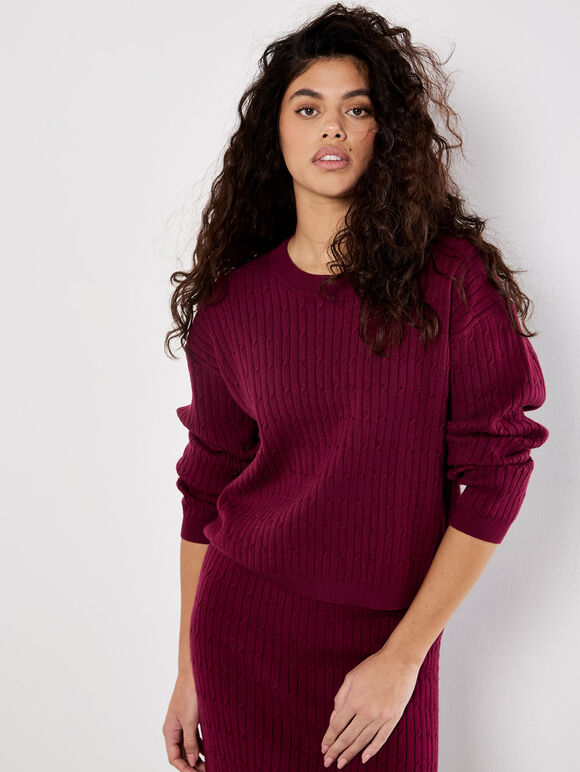 Fine Knit Cable Jumper, Burgundy, large