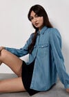 Balloon Sleeve Denim Shirt, Blue, large