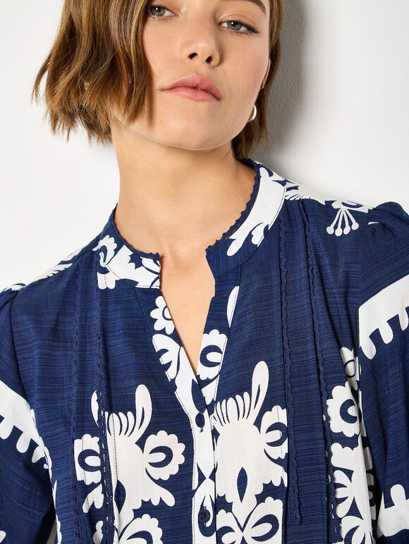 Baroque Print Shirt Mini Dress, Navy, large