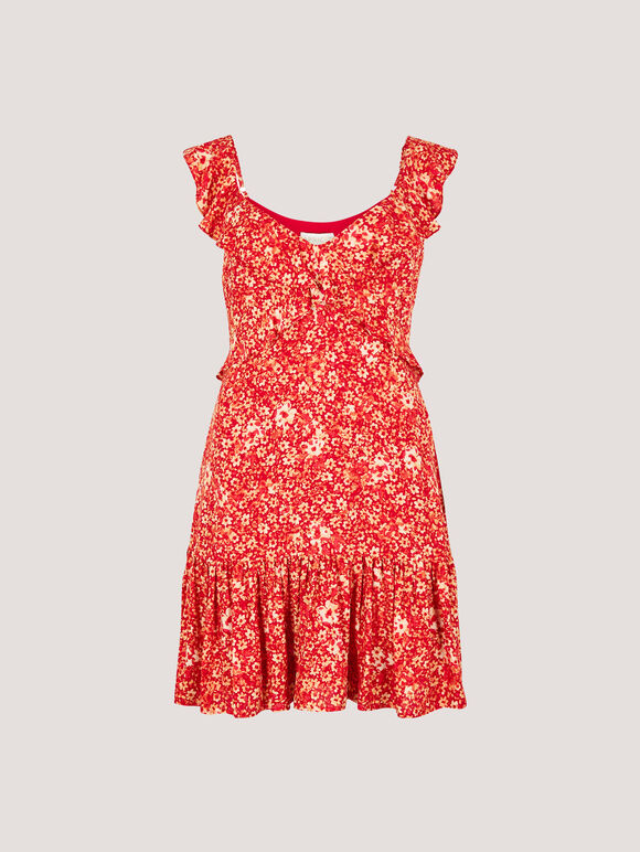 Ditsy Floral Ruffle Mini Dress, Red, large