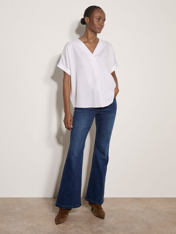 Pleated V-Neck Blouse, White, large