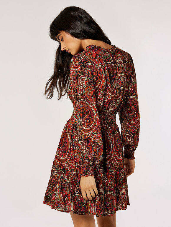 Paisley Print Ruffle Mini Dress, Rust, large