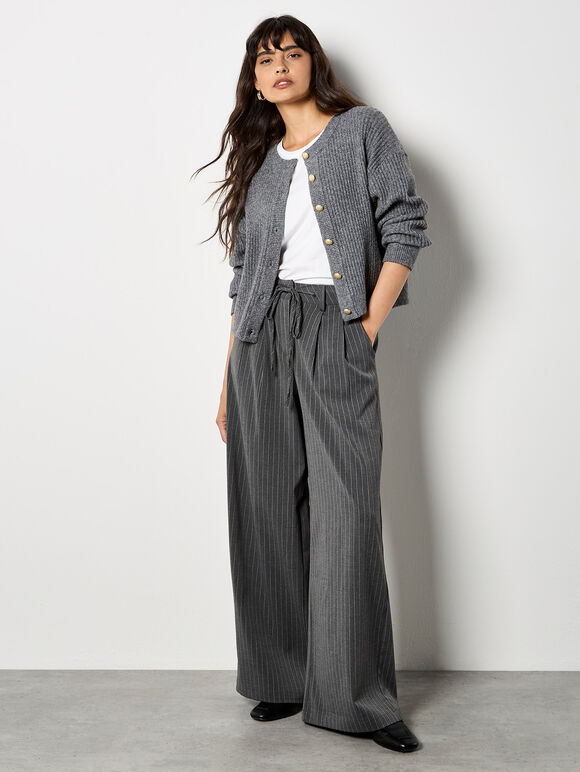 Pinstripe Wide Leg Tailored Trousers, Grey, large