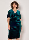 Curve Ruched Waist Velvet Midi Dress, Green, large