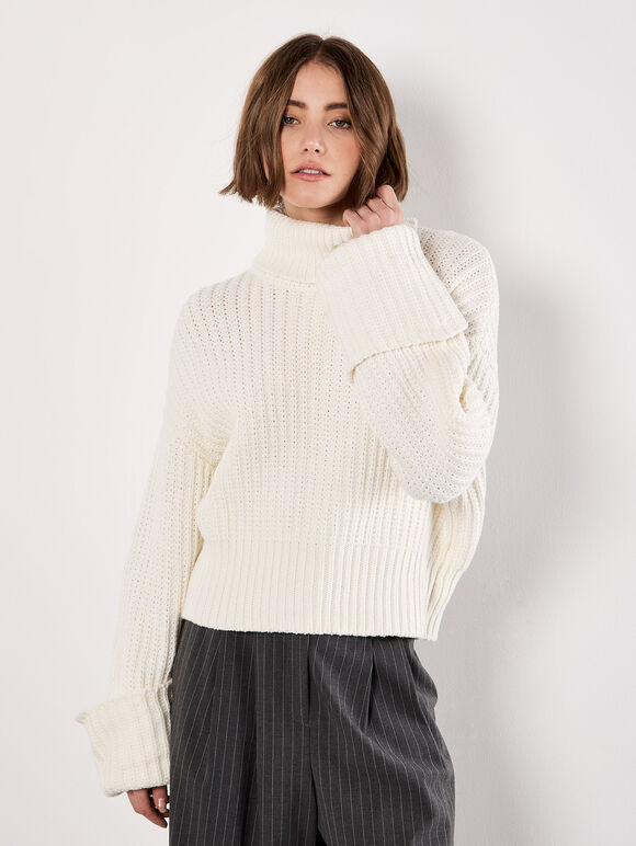 Chunky Knit Roll Neck Jumper, Cream, large