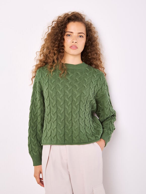 Cotton Blend Cable Knit Jumper, Green, large