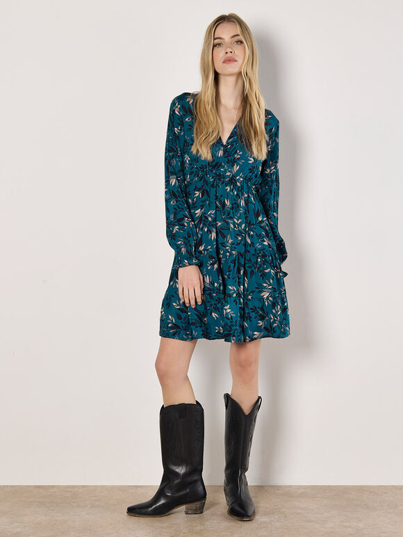 Leaf Print Mini Dress, Teal, large