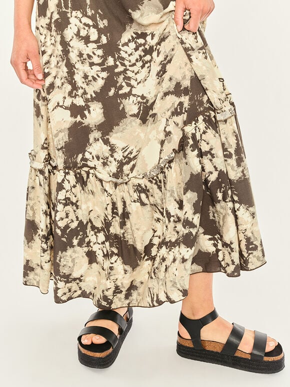 Tie Dye Ruffle Hem Maxi Skirt, Khaki, large