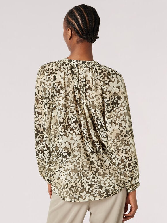Floral Silhouette Chiffon Blouse, Khaki, large