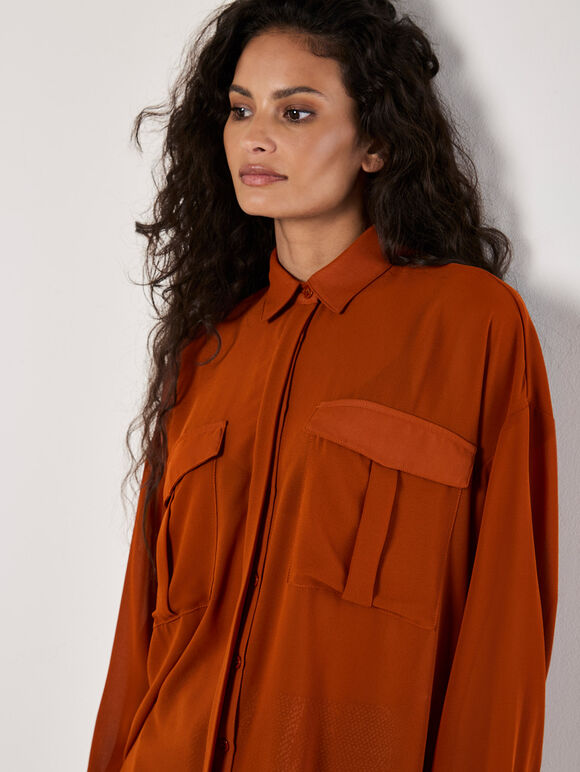 Oversized Chiffon Shirt, Rust, large