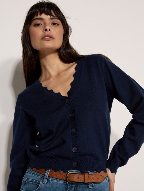 Scallop Hem Cardigan, Navy, large