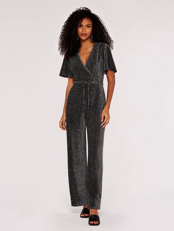 Metallic Sparkle Wide Leg Jumpsuit, Light Grey / Silver, large