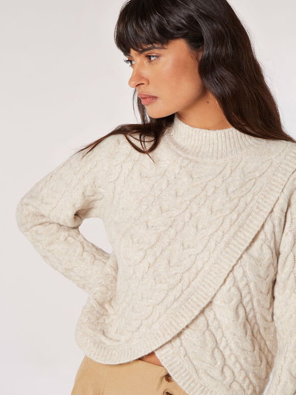 Cable Knit Wrap Jumper, Stone, large