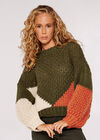 Colourblock Chunky Knit Jumper, Khaki, large