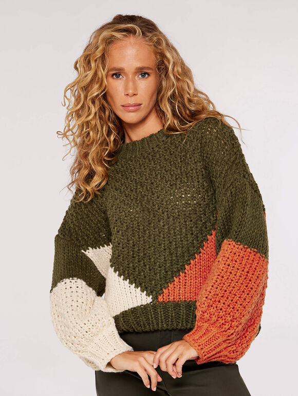 Colourblock Chunky Knit Jumper, Khaki, large