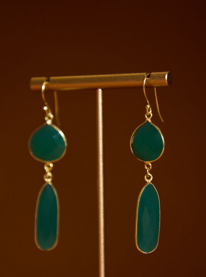 Gold Tone Green Stone Drop Earrings