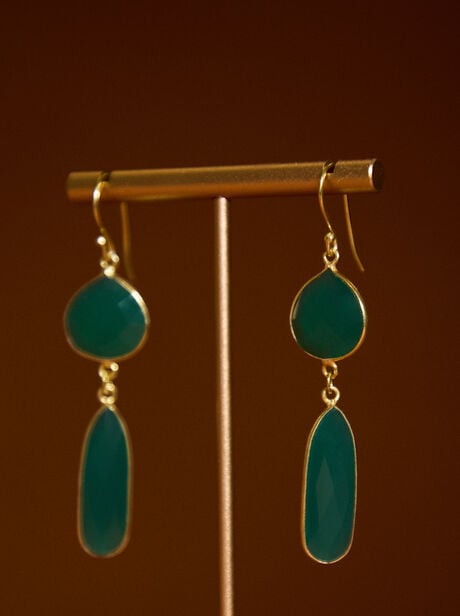 Gold Tone Green Stone Drop Earrings