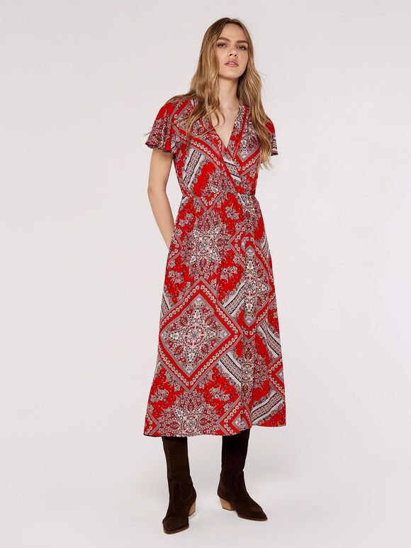 Scarf Print Midaxi Dress, Red, large
