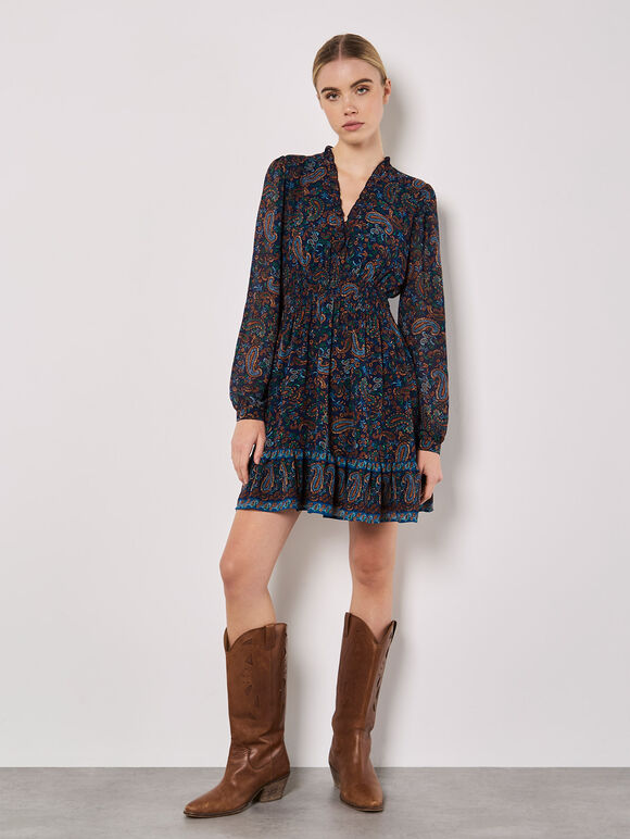 Paisley Ruffle Mini Dress, Navy, large