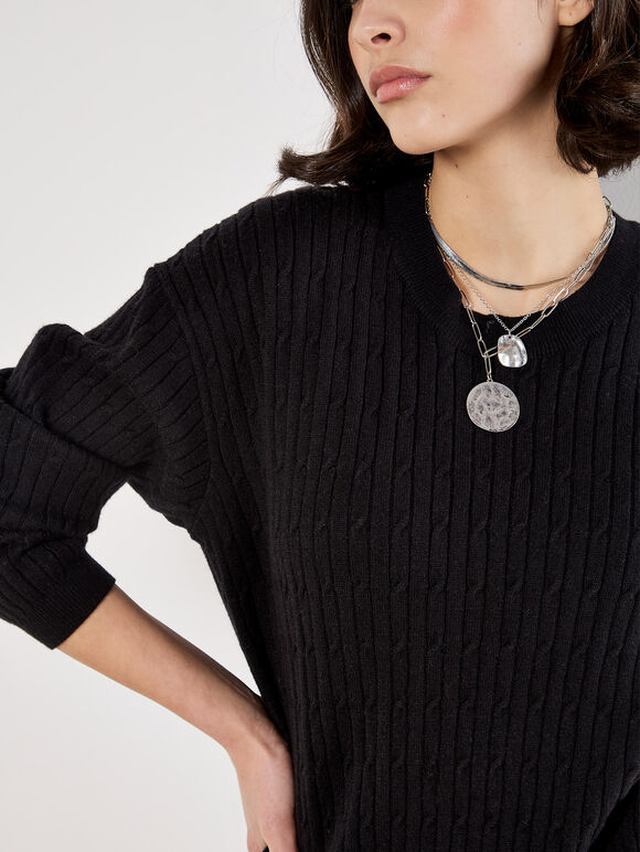 Fine Knit Cable Jumper, Black, large