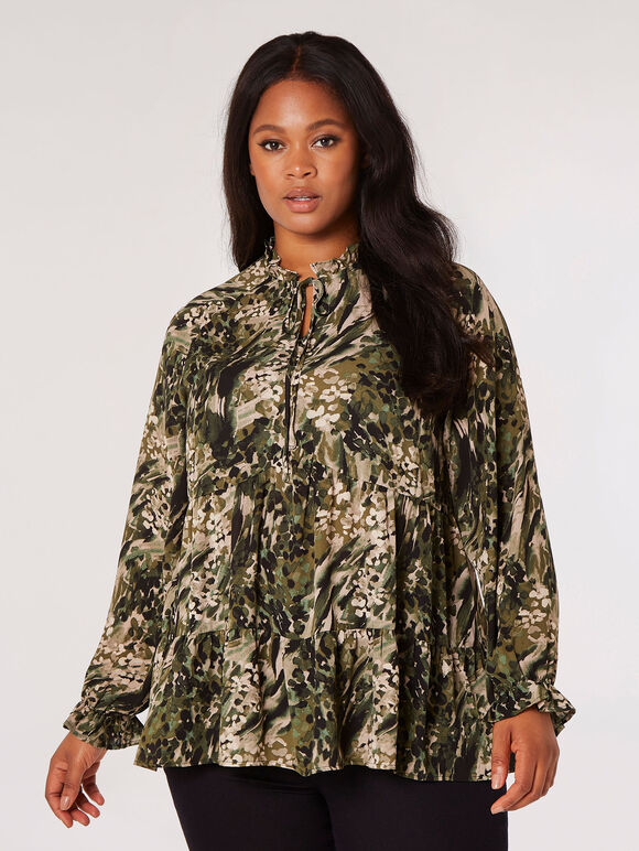 Curve Meadow Textured Tiered Top , Khaki, large