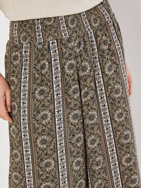 Floral Stripe Wide-Leg Woven Trousers, Khaki, large