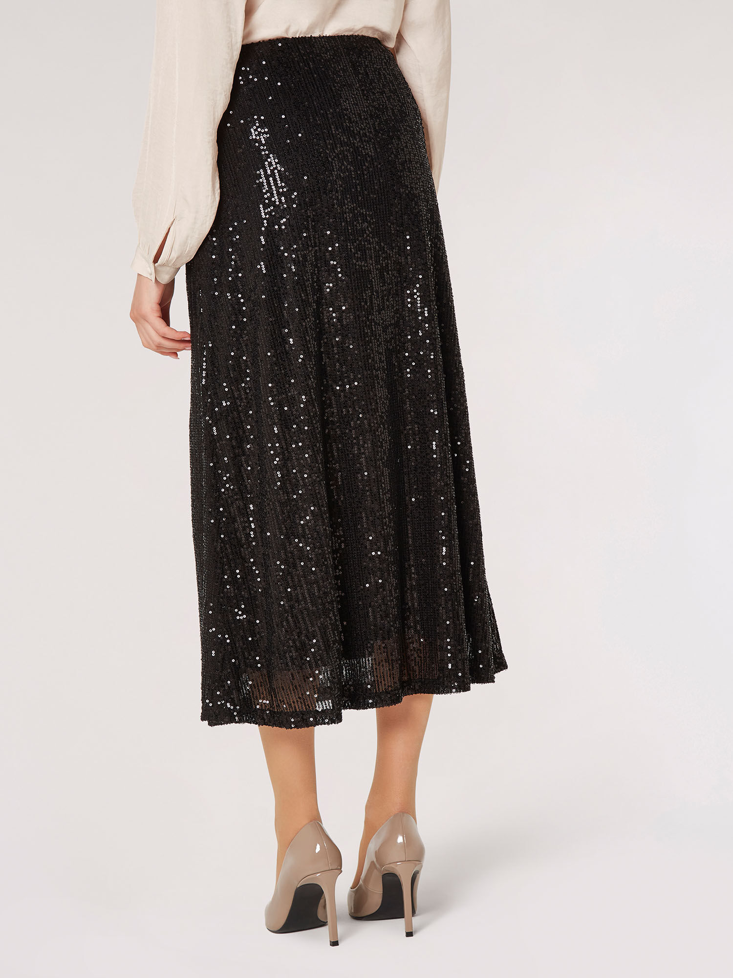 Sequin Sparkle Midi Skirt Apricot Clothing