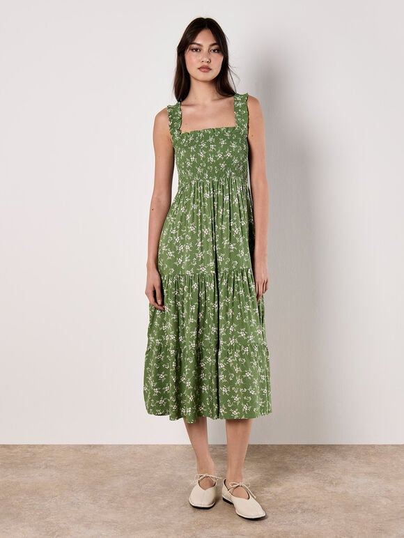 Orchid Print Smocked Midi Dress, Green, large