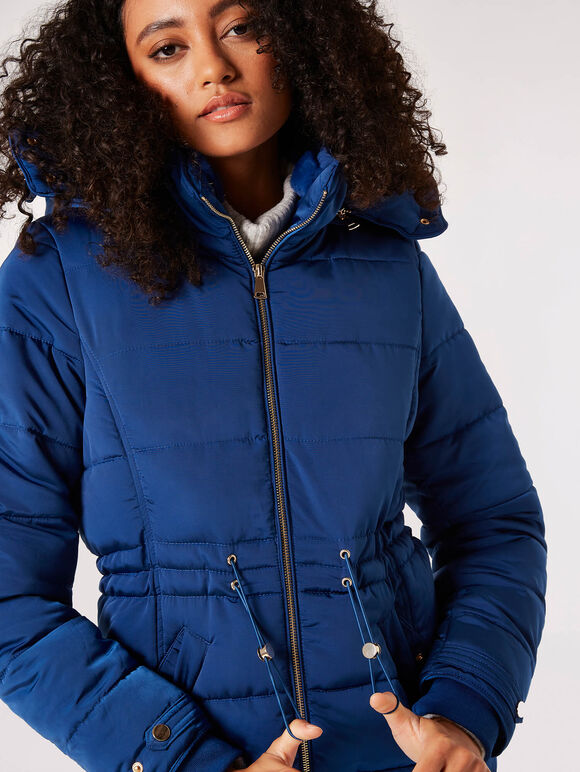 Faux Fur Hood Puffer Jacket, Blue, large