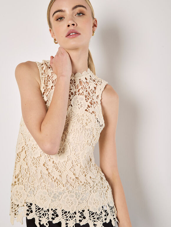 Guipure Floral Lace Top, Cream, large