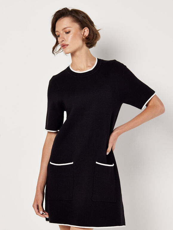 Monochrome Knitted Mini Dress, Black, large