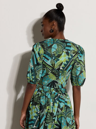 Tropical Leaf Patchwork Tie Front Top