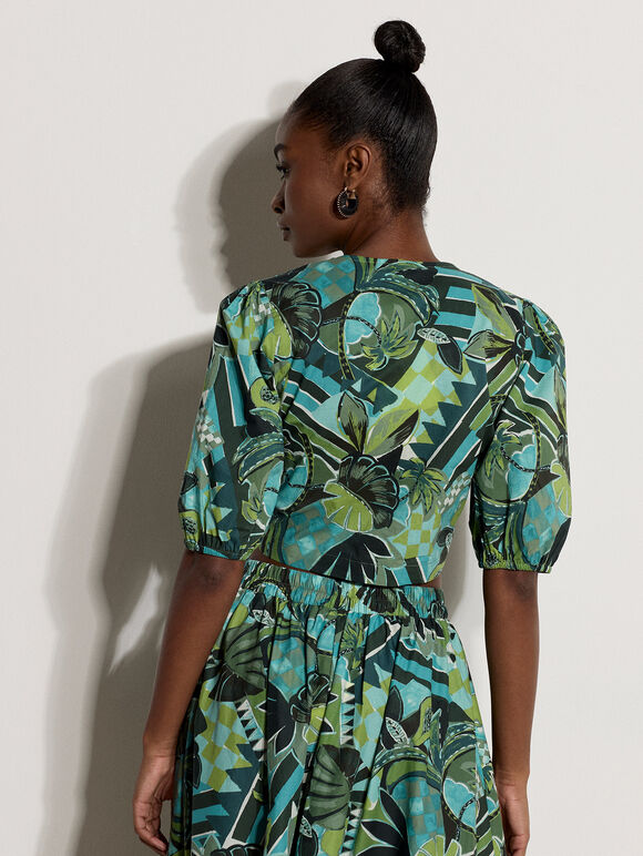 Tropical Leaf Patchwork Tie Front Top, Aqua - Turquoise, large