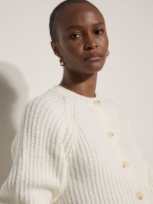 Cotton-Blend Chunky Ribbed Knit Cardigan, Cream, large
