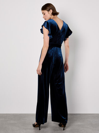 Wide Leg Velvet Ruffle Jumpsuit
