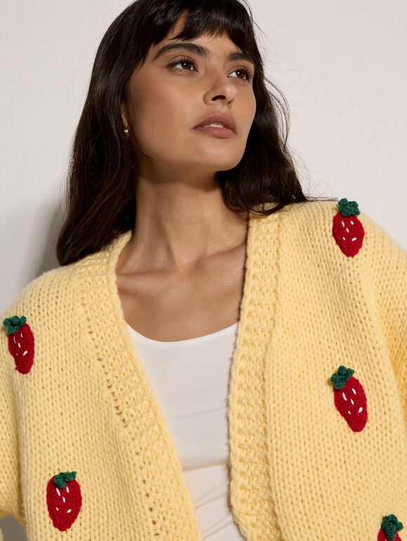 Chunky Knit Strawberry Cardigan, Yellow, large