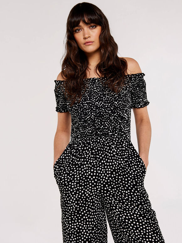 Dots Smocked Bardot Jumpsuit, Black, large