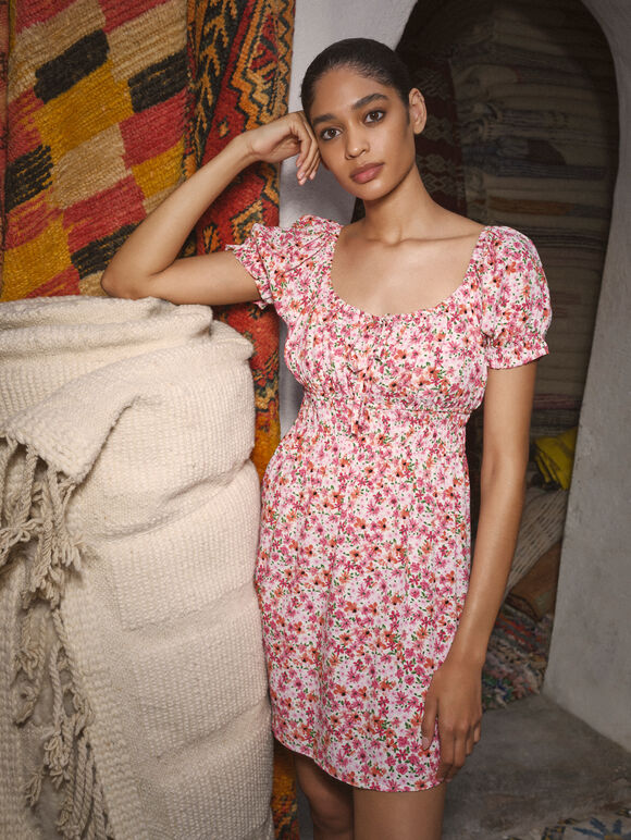 Ditsy Floral Milkmaid Mini Dress, Pink, large